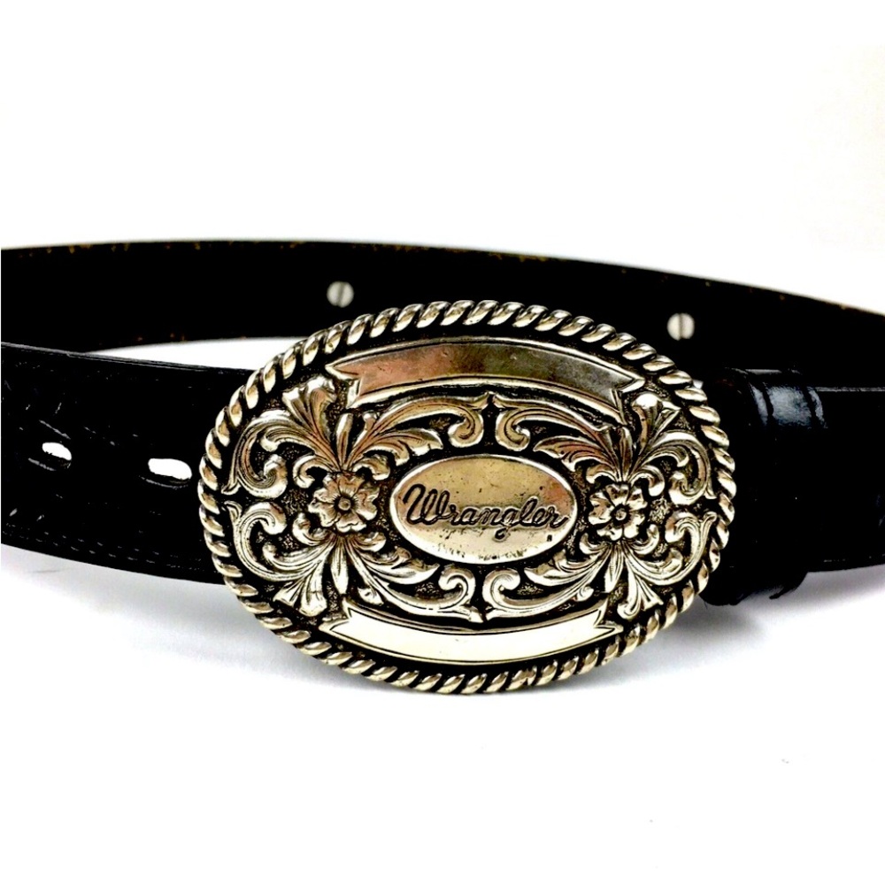 Vintage Wrangler Black Embroidered Leather Belt Handcrafted Old Sonora Mexico XS
